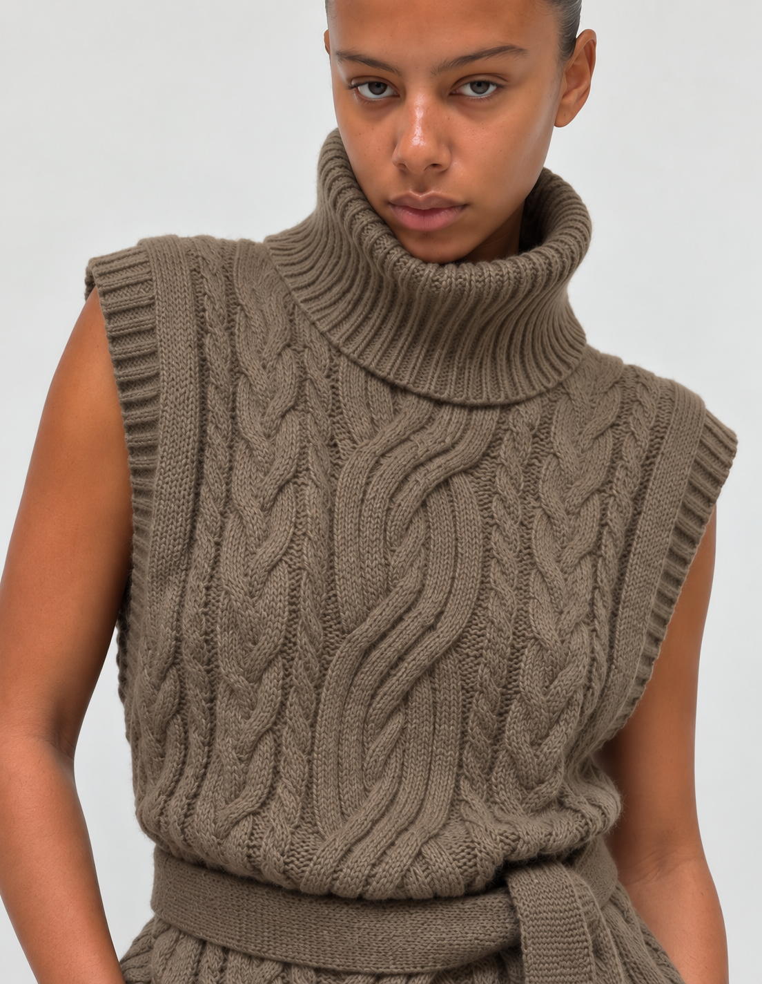 Pull sans manches en maille torsadée, détail de la ceinture