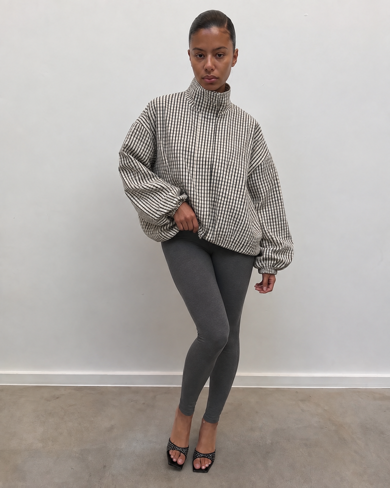 Veste oversize à carreaux noir et blanc, col montant