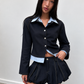 Ensemble en denim, détail de la jupe plissée